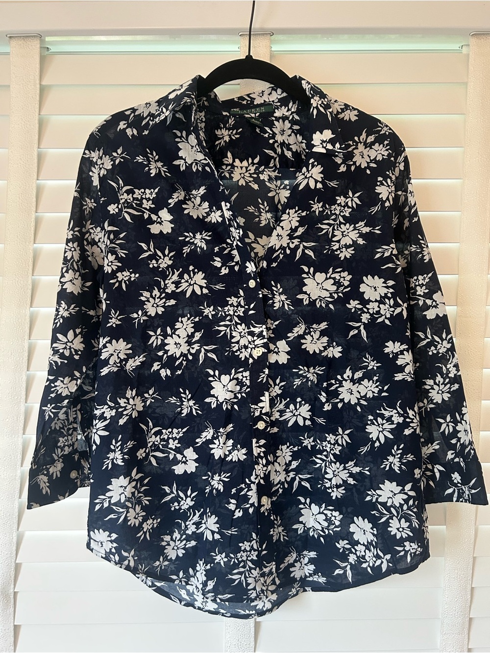 Lauren Ralph Lauren Button Down Blouse Floral Navy Blue Cotton Small